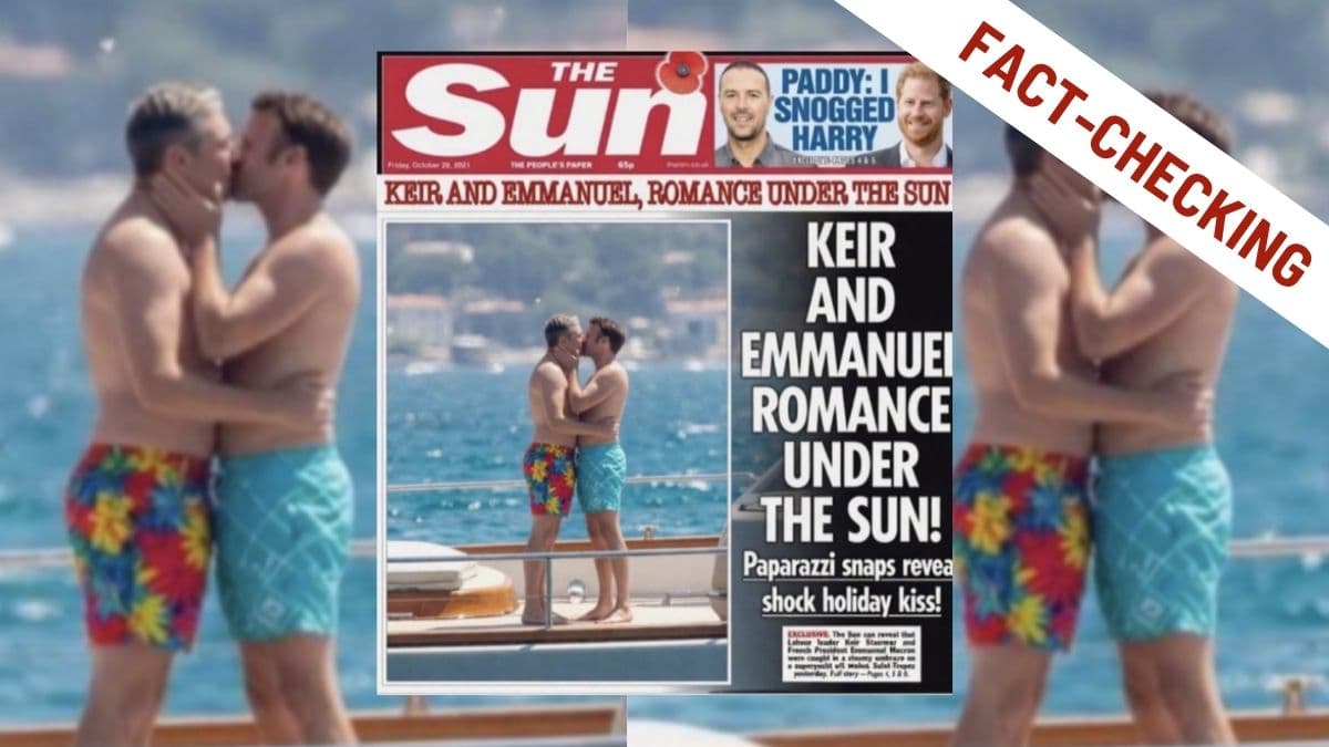 Macron e Starmer che si baciano: la falsa copertina del SUN è un fotomontaggio